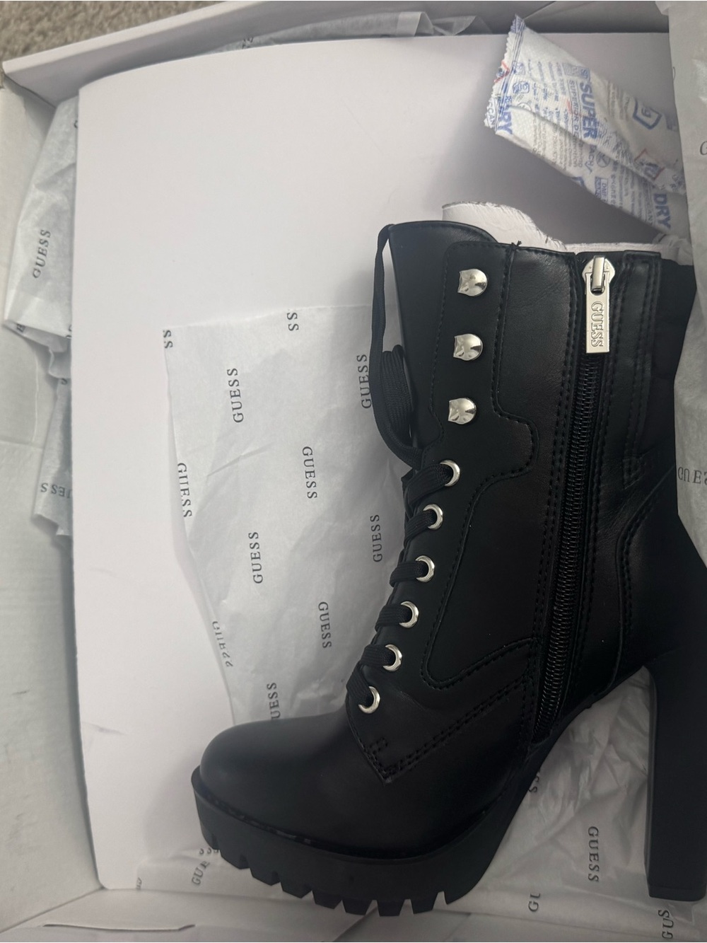 Black GUESS Lace-Up Platform Ankle Boots with Side Zipper